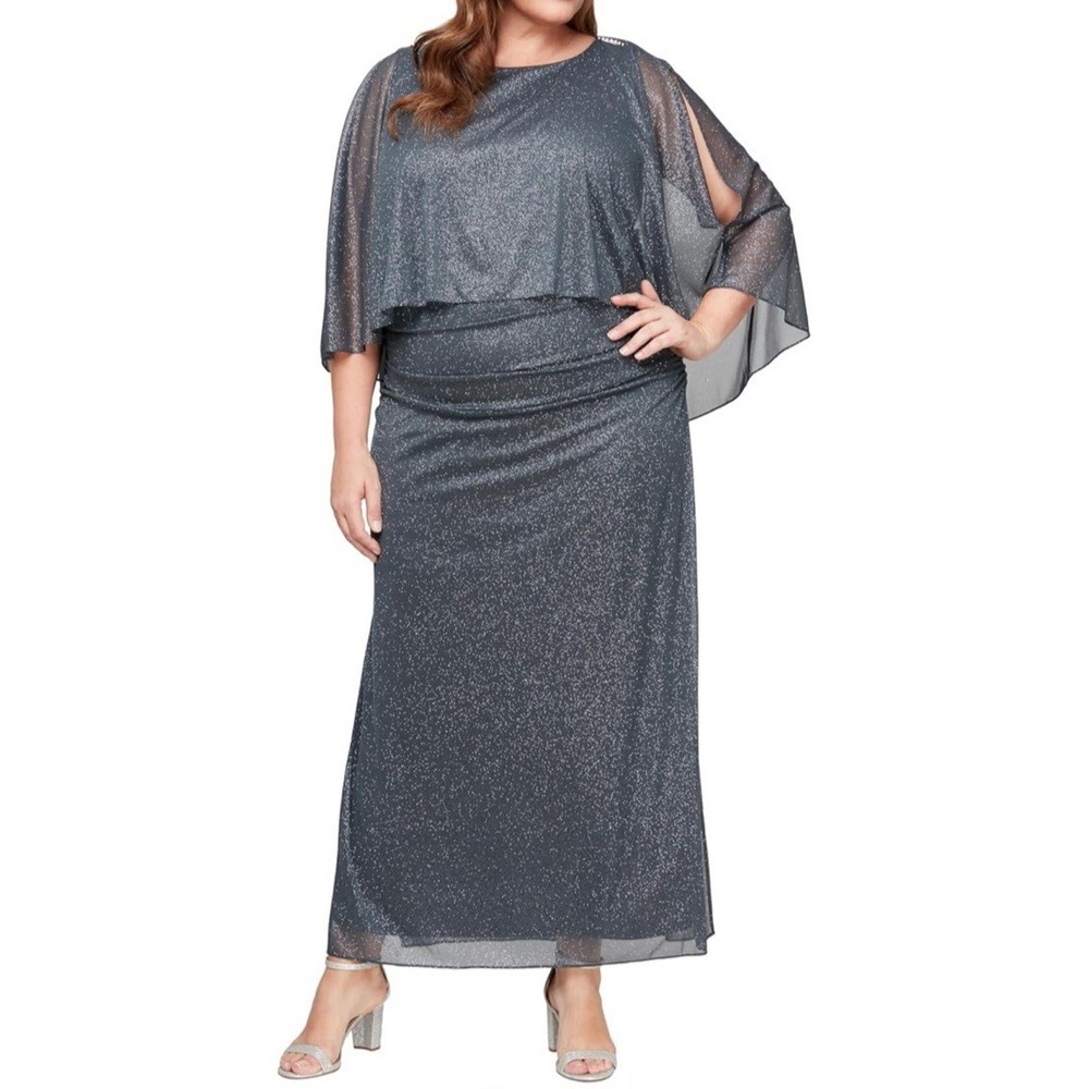 NWT S.L. Fashions Women's Long Glitter Mesh Capelet Gown with Side Slit - Sz 14W